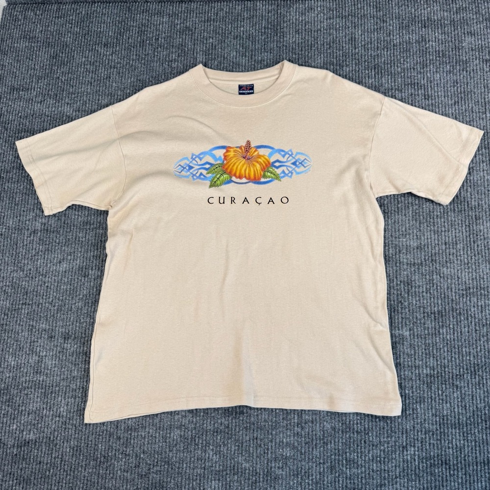 Vtg Y2K American T Shirt Mens 3XL Curacao Hibiscus Tropical Graphic Beige Tee